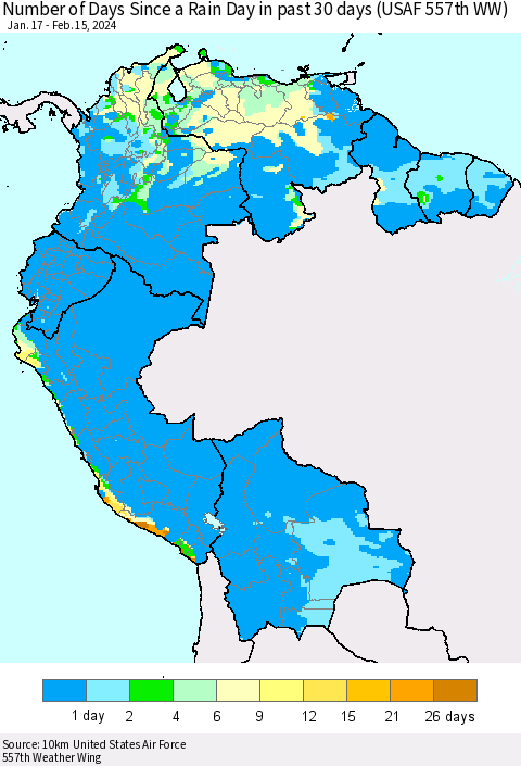 Northern South America Number of Days Since a Rain Day in past 30 days (USAF 557th WW) Thematic Map For 2/11/2024 - 2/15/2024