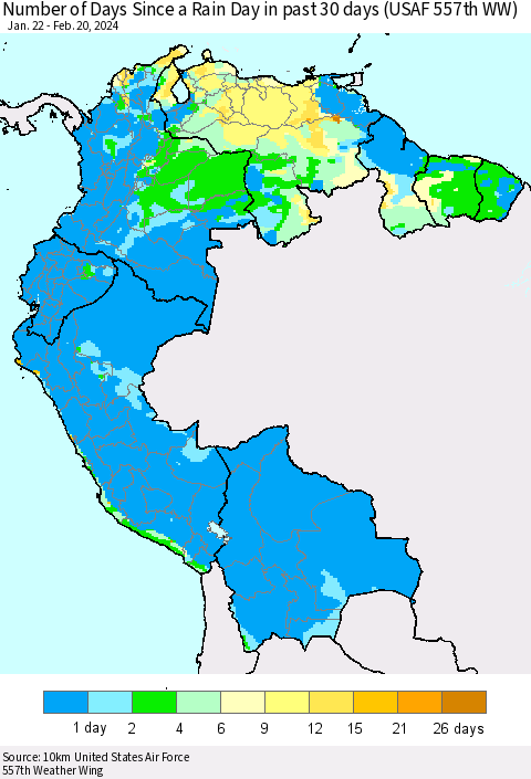 Northern South America Number of Days Since a Rain Day in past 30 days (USAF 557th WW) Thematic Map For 2/16/2024 - 2/20/2024