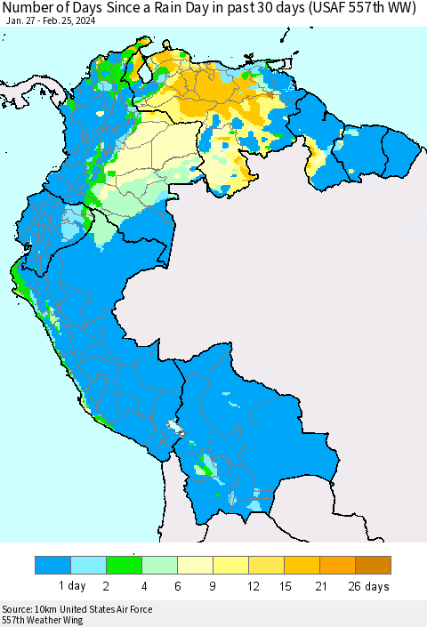 Northern South America Number of Days Since a Rain Day in past 30 days (USAF 557th WW) Thematic Map For 2/21/2024 - 2/25/2024