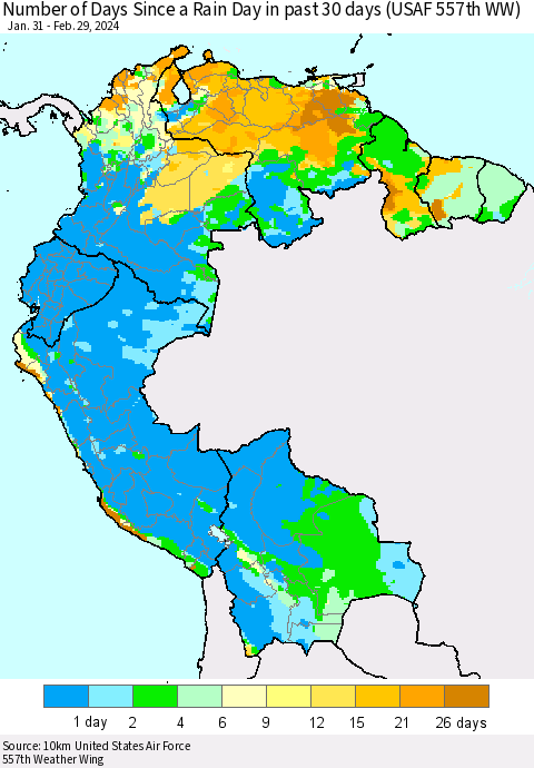Northern South America Number of Days Since a Rain Day in past 30 days (USAF 557th WW) Thematic Map For 2/26/2024 - 2/29/2024