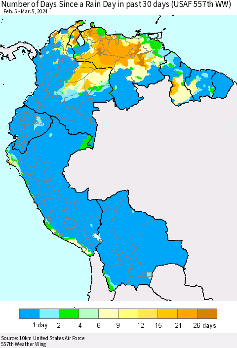 Northern South America Number of Days Since a Rain Day in past 30 days (USAF 557th WW) Thematic Map For 3/1/2024 - 3/5/2024