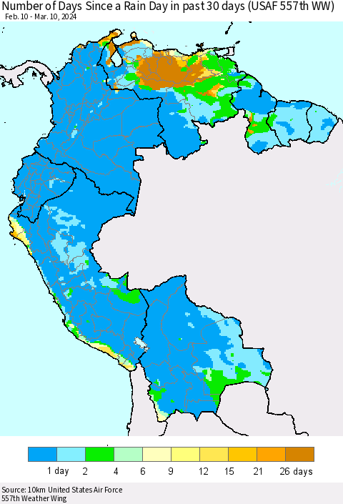Northern South America Number of Days Since a Rain Day in past 30 days (USAF 557th WW) Thematic Map For 3/6/2024 - 3/10/2024