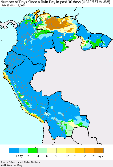 Northern South America Number of Days Since a Rain Day in past 30 days (USAF 557th WW) Thematic Map For 3/11/2024 - 3/15/2024