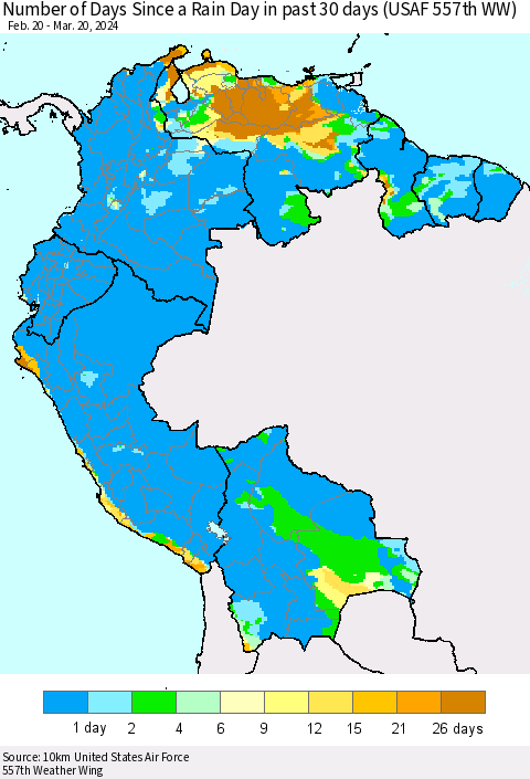 Northern South America Number of Days Since a Rain Day in past 30 days (USAF 557th WW) Thematic Map For 3/16/2024 - 3/20/2024