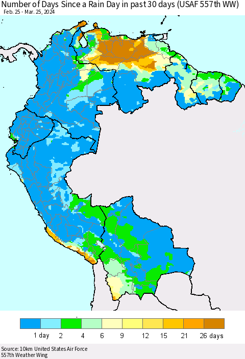 Northern South America Number of Days Since a Rain Day in past 30 days (USAF 557th WW) Thematic Map For 3/21/2024 - 3/25/2024