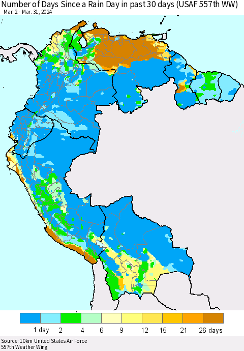 Northern South America Number of Days Since a Rain Day in past 30 days (USAF 557th WW) Thematic Map For 3/26/2024 - 3/31/2024