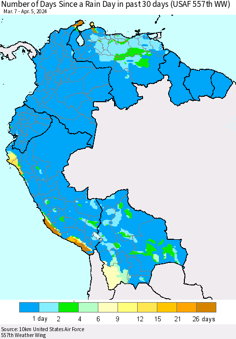 Northern South America Number of Days Since a Rain Day in past 30 days (USAF 557th WW) Thematic Map For 4/1/2024 - 4/5/2024