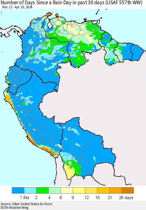 Northern South America Number of Days Since a Rain Day in past 30 days (USAF 557th WW) Thematic Map For 4/6/2024 - 4/10/2024