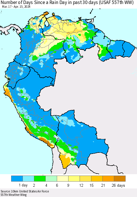Northern South America Number of Days Since a Rain Day in past 30 days (USAF 557th WW) Thematic Map For 4/11/2024 - 4/15/2024