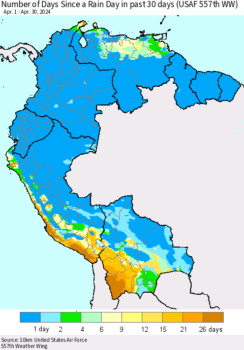 Northern South America Number of Days Since a Rain Day in past 30 days (USAF 557th WW) Thematic Map For 4/26/2024 - 4/30/2024