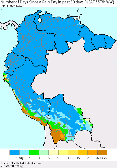Northern South America Number of Days Since a Rain Day in past 30 days (USAF 557th WW) Thematic Map For 5/1/2024 - 5/5/2024