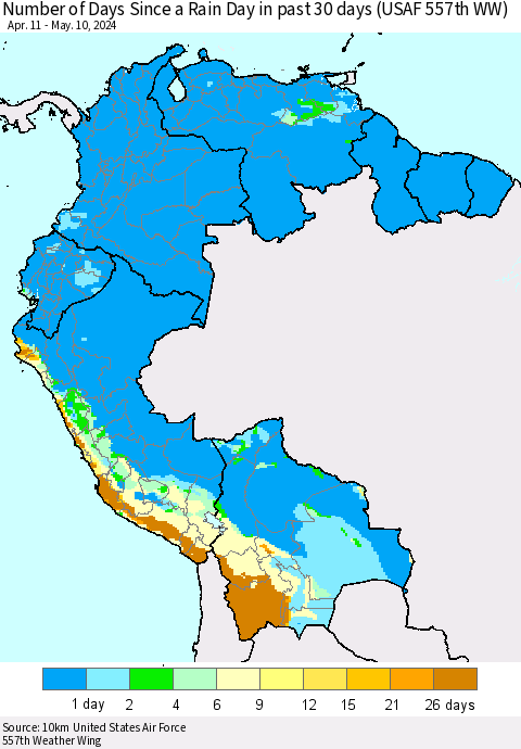 Northern South America Number of Days Since a Rain Day in past 30 days (USAF 557th WW) Thematic Map For 5/6/2024 - 5/10/2024