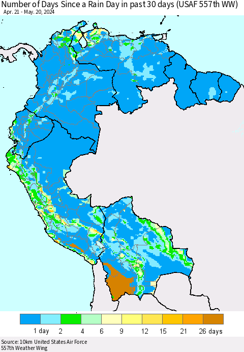 Northern South America Number of Days Since a Rain Day in past 30 days (USAF 557th WW) Thematic Map For 5/16/2024 - 5/20/2024