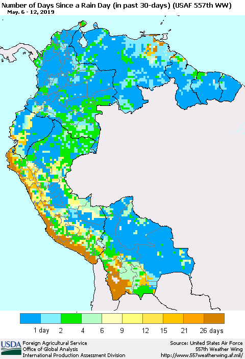 Northern South America Number of Days Since a Rain Day in past 30 days (USAF 557th WW) Thematic Map For 5/6/2019 - 5/12/2019