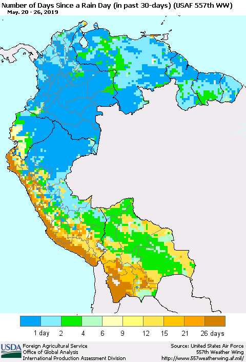 Northern South America Number of Days Since a Rain Day in past 30 days (USAF 557th WW) Thematic Map For 5/20/2019 - 5/26/2019