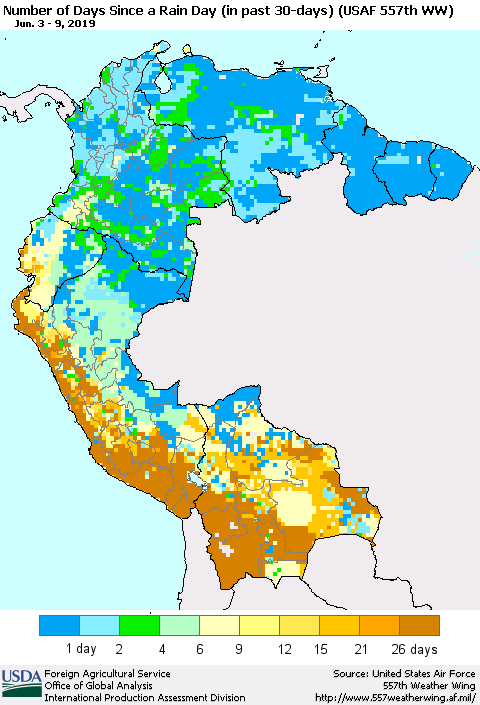 Northern South America Number of Days Since a Rain Day in past 30 days (USAF 557th WW) Thematic Map For 6/3/2019 - 6/9/2019