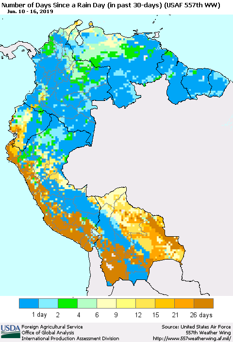 Northern South America Number of Days Since a Rain Day in past 30 days (USAF 557th WW) Thematic Map For 6/10/2019 - 6/16/2019