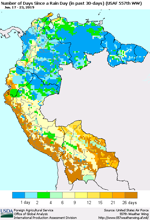 Northern South America Number of Days Since a Rain Day in past 30 days (USAF 557th WW) Thematic Map For 6/17/2019 - 6/23/2019