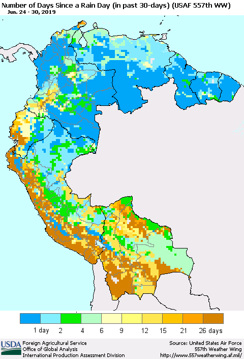 Northern South America Number of Days Since a Rain Day in past 30 days (USAF 557th WW) Thematic Map For 6/24/2019 - 6/30/2019