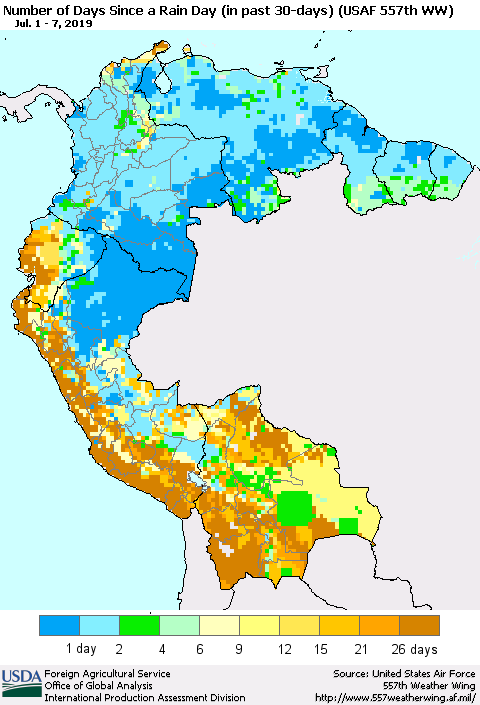 Northern South America Number of Days Since a Rain Day in past 30 days (USAF 557th WW) Thematic Map For 7/1/2019 - 7/7/2019