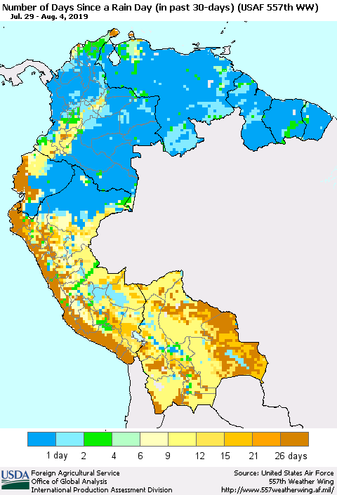 Northern South America Number of Days Since a Rain Day in past 30 days (USAF 557th WW) Thematic Map For 7/29/2019 - 8/4/2019
