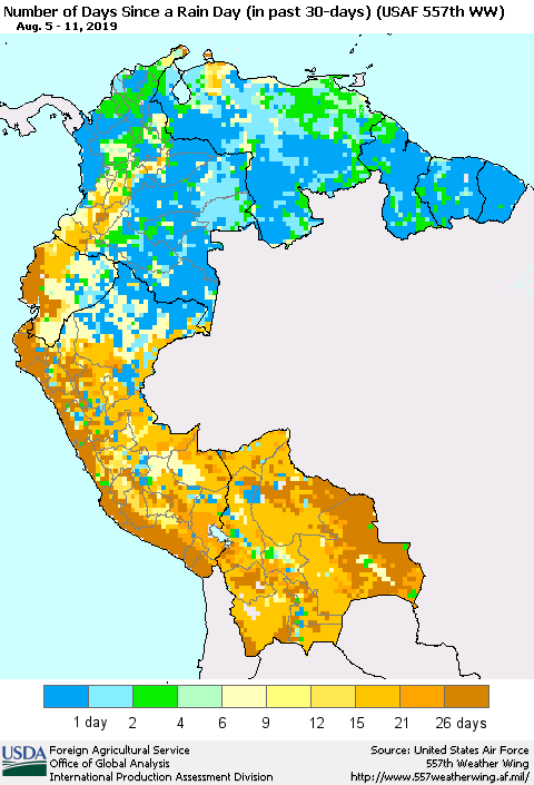 Northern South America Number of Days Since a Rain Day in past 30 days (USAF 557th WW) Thematic Map For 8/5/2019 - 8/11/2019