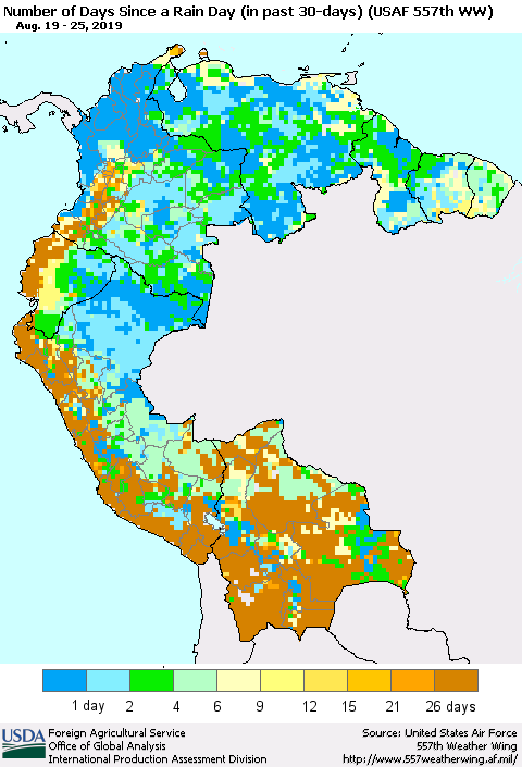Northern South America Number of Days Since a Rain Day in past 30 days (USAF 557th WW) Thematic Map For 8/19/2019 - 8/25/2019