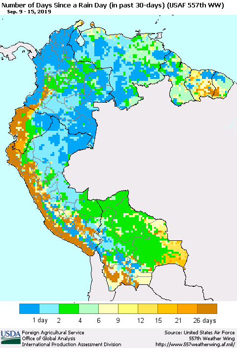 Northern South America Number of Days Since a Rain Day in past 30 days (USAF 557th WW) Thematic Map For 9/9/2019 - 9/15/2019