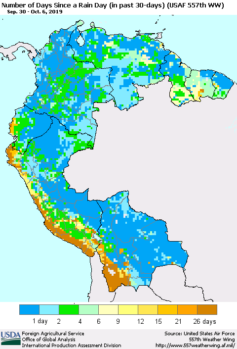 Northern South America Number of Days Since a Rain Day in past 30 days (USAF 557th WW) Thematic Map For 9/30/2019 - 10/6/2019
