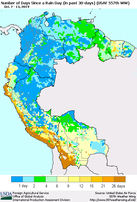 Northern South America Number of Days Since a Rain Day in past 30 days (USAF 557th WW) Thematic Map For 10/7/2019 - 10/13/2019