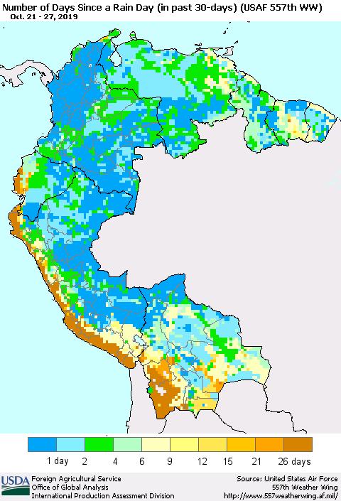 Northern South America Number of Days Since a Rain Day in past 30 days (USAF 557th WW) Thematic Map For 10/21/2019 - 10/27/2019