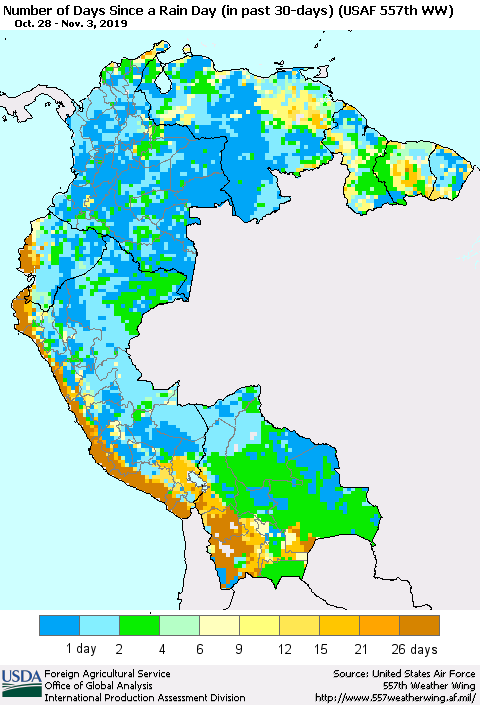 Northern South America Number of Days Since a Rain Day in past 30 days (USAF 557th WW) Thematic Map For 10/28/2019 - 11/3/2019