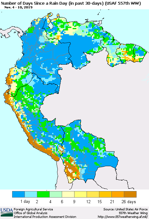Northern South America Number of Days Since a Rain Day in past 30 days (USAF 557th WW) Thematic Map For 11/4/2019 - 11/10/2019