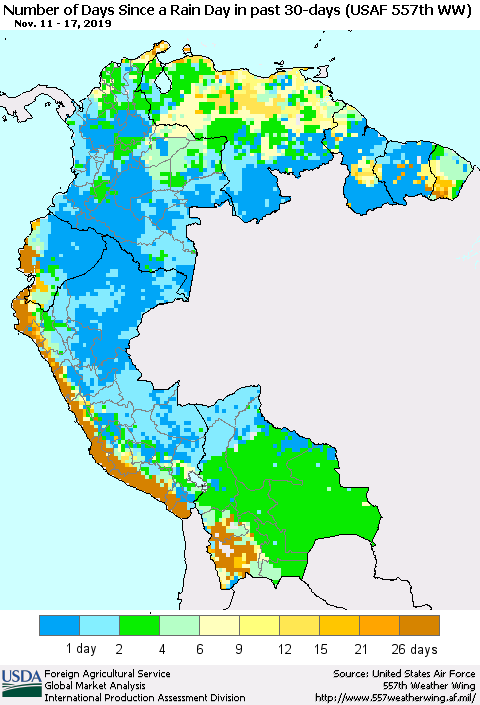 Northern South America Number of Days Since a Rain Day in past 30 days (USAF 557th WW) Thematic Map For 11/11/2019 - 11/17/2019