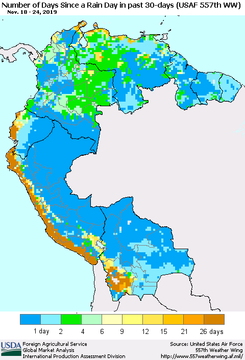 Northern South America Number of Days Since a Rain Day in past 30 days (USAF 557th WW) Thematic Map For 11/18/2019 - 11/24/2019
