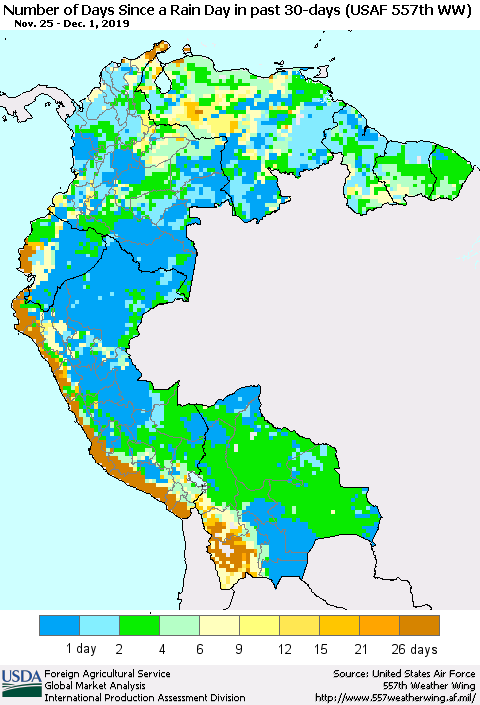 Northern South America Number of Days Since a Rain Day in past 30 days (USAF 557th WW) Thematic Map For 11/25/2019 - 12/1/2019