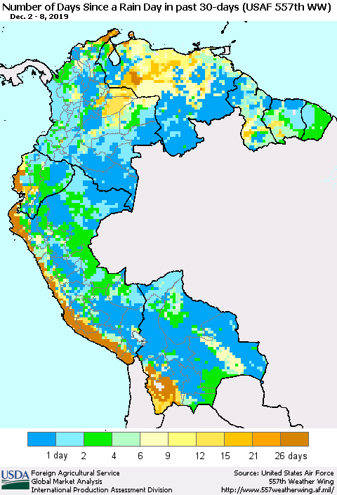 Northern South America Number of Days Since a Rain Day in past 30 days (USAF 557th WW) Thematic Map For 12/2/2019 - 12/8/2019