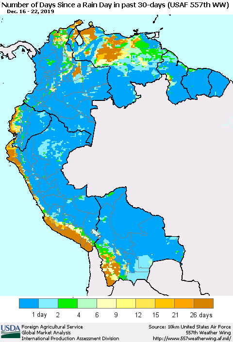Northern South America Number of Days Since a Rain Day in past 30 days (USAF 557th WW) Thematic Map For 12/16/2019 - 12/22/2019