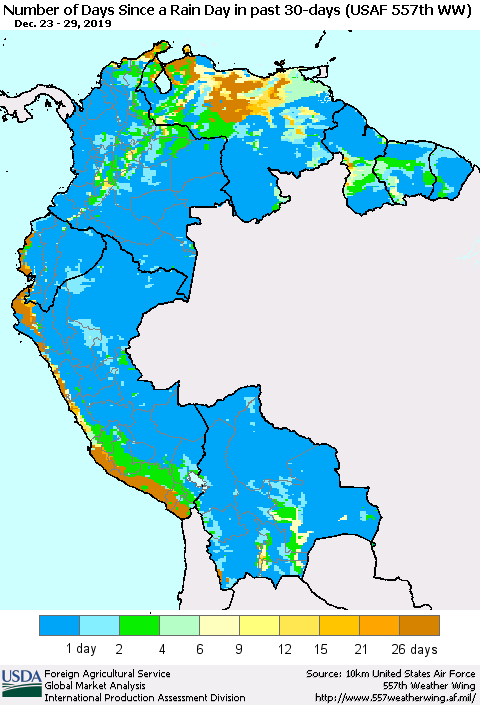 Northern South America Number of Days Since a Rain Day in past 30 days (USAF 557th WW) Thematic Map For 12/23/2019 - 12/29/2019