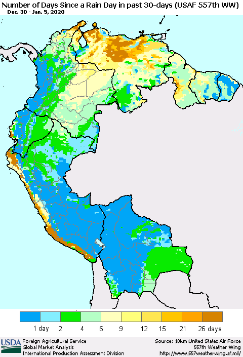 Northern South America Number of Days Since a Rain Day in past 30 days (USAF 557th WW) Thematic Map For 12/30/2019 - 1/5/2020
