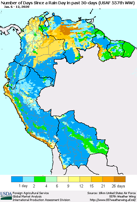 Northern South America Number of Days Since a Rain Day in past 30 days (USAF 557th WW) Thematic Map For 1/6/2020 - 1/12/2020
