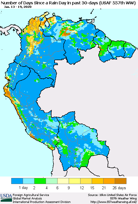 Northern South America Number of Days Since a Rain Day in past 30 days (USAF 557th WW) Thematic Map For 1/13/2020 - 1/19/2020