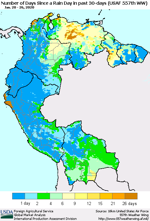 Northern South America Number of Days Since a Rain Day in past 30 days (USAF 557th WW) Thematic Map For 1/20/2020 - 1/26/2020