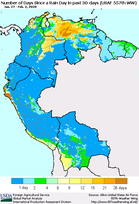 Northern South America Number of Days Since a Rain Day in past 30 days (USAF 557th WW) Thematic Map For 1/27/2020 - 2/2/2020