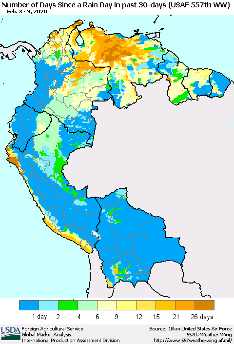 Northern South America Number of Days Since a Rain Day in past 30 days (USAF 557th WW) Thematic Map For 2/3/2020 - 2/9/2020