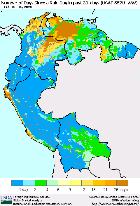 Northern South America Number of Days Since a Rain Day in past 30 days (USAF 557th WW) Thematic Map For 2/10/2020 - 2/16/2020