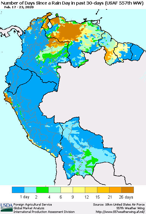 Northern South America Number of Days Since a Rain Day in past 30 days (USAF 557th WW) Thematic Map For 2/17/2020 - 2/23/2020