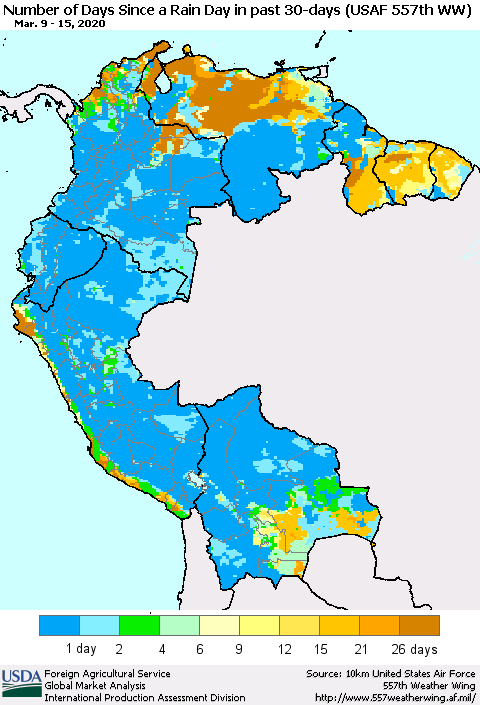 Northern South America Number of Days Since a Rain Day in past 30 days (USAF 557th WW) Thematic Map For 3/9/2020 - 3/15/2020