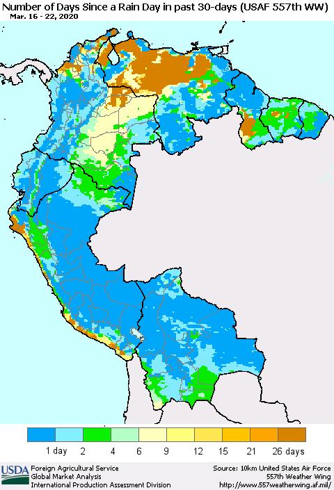 Northern South America Number of Days Since a Rain Day in past 30 days (USAF 557th WW) Thematic Map For 3/16/2020 - 3/22/2020