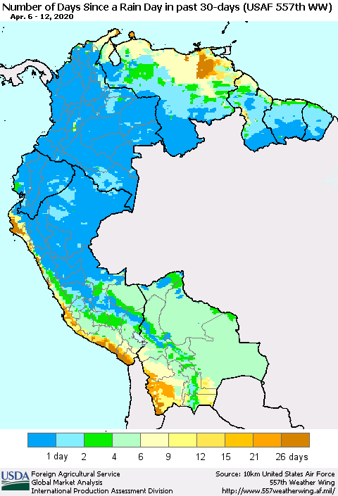 Northern South America Number of Days Since a Rain Day in past 30 days (USAF 557th WW) Thematic Map For 4/6/2020 - 4/12/2020